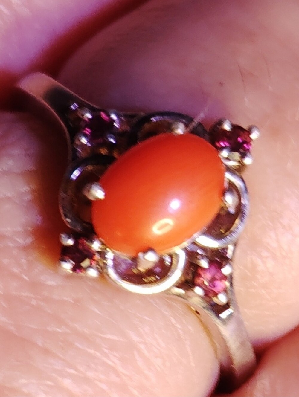 HIMALAYAN CORAL, PINK TOURMALINE CORNER ACCENTS, SOLID STERLING SILVER. SZ-11